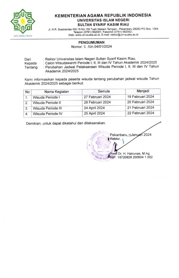 Perubahan Jadwal Pelaksanaan Wisuda Periode I Ii Iii Dan Iv Tahun