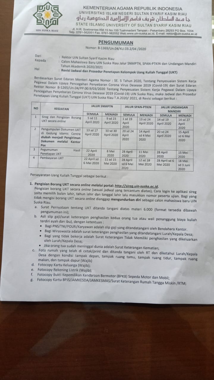 Revisi Jadwal Dan Prosedur Penetapan Kelompok Uang Kuliah Tunggal (Ukt) – Universitas Islam Negeri Sultan Syarif Kasim Riau