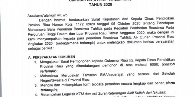 Penerima Beasiswa Tahfidz Alquran Dinas Pendidikan Uin Suska Riau Tahun 2020 Universitas Islam Negeri Sultan Syarif Kasim Riau