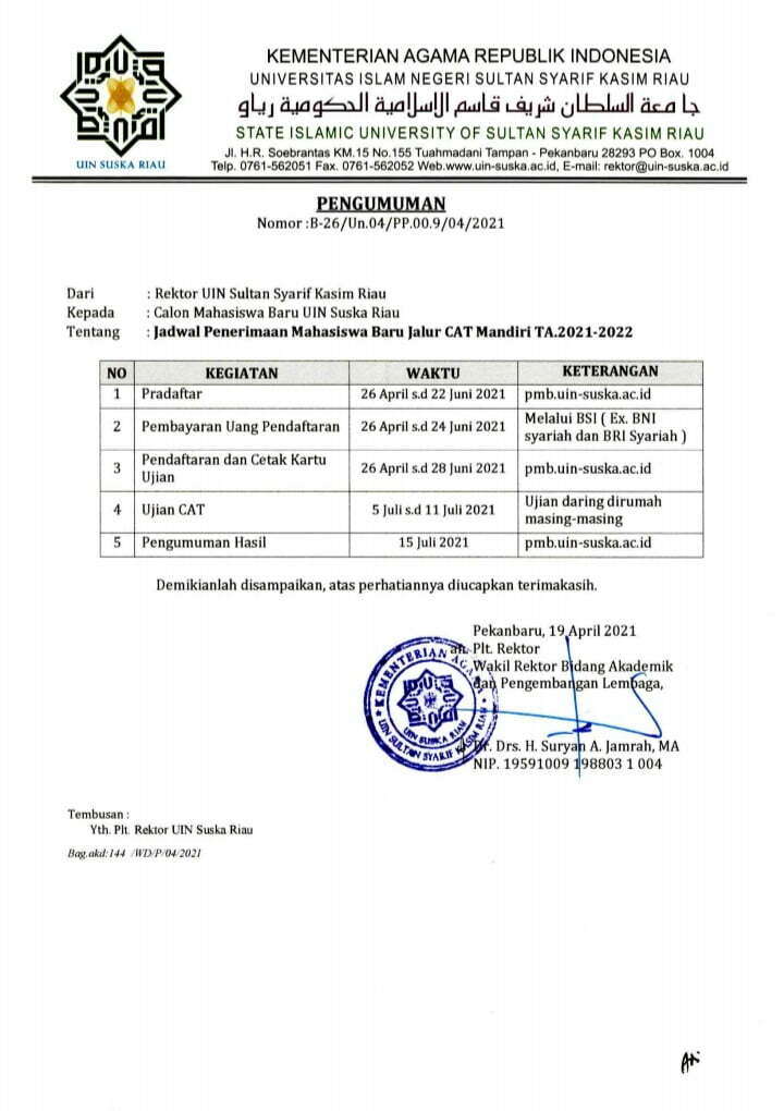 Jadwal Penerimaan Mahasiswa Baru Jalur Cat Mandiri Ta. 2021/2020 – Universitas Islam Negeri Sultan Syarif Kasim Riau