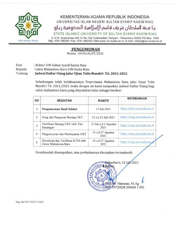 Jadwal Daftar Ulang Jalur Ujian Tulis Mandiri Ta. 2021/2022 – Universitas Islam Negeri Sultan Syarif Kasim Riau