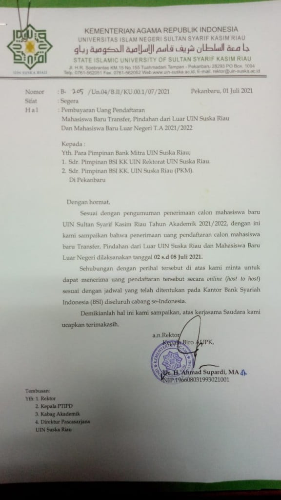 Pembayaran Uang Pendaftaran Mahasiswa Baru Transfer, Pindahan Dari Luar ...