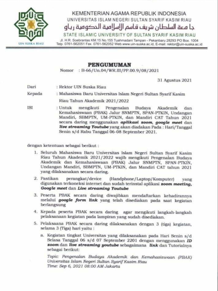 Jadwal Pelaksanaan Pbak Mahasiswa Baru Ta. 2021/2022 – Universitas Islam Negeri Sultan Syarif Kasim Riau